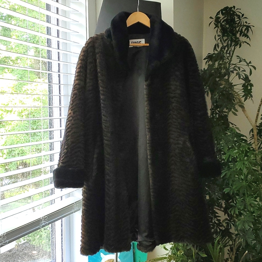 Long Brown Patterned Faux Fur Coat